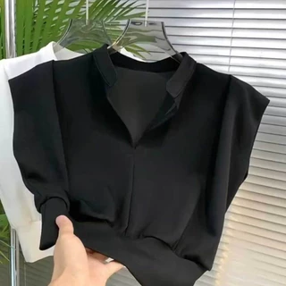 เสื้อยืดแฟชั่นแขนสั้น คอปกสีพื้นสไตล์เกาหลี เหมาะสำหรับในฤดูร้อน