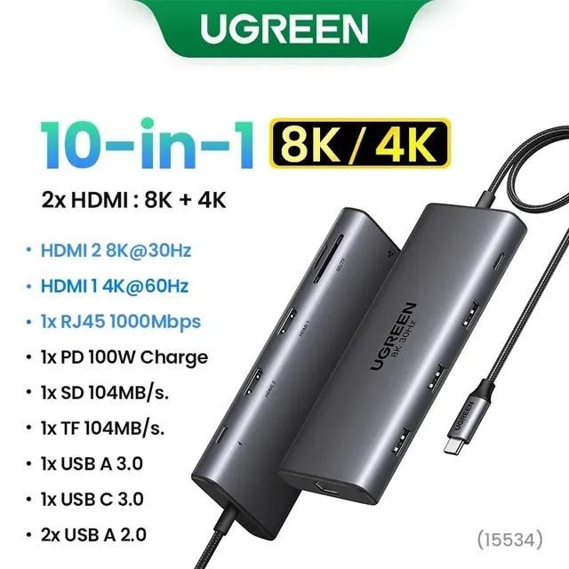 Ugreen Usb HUB 8K อะแดปเตอร์ HDMI 10 in 1 Splitter พร้อม RJ45 Usb3.0 PD 100W HUB Dock สําหรับ MacBook Pro Air M2 M1 Usb C HUB