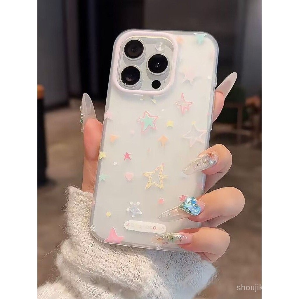 Ins Frosted เต็มหน้าจอดาวที่มีสีสัน Simple Frosted Skin Feel เหมาะสําหรับ Apple iPhone15 ProMax 11 14ProMax 7Plus 8Plus 12ProMax XSMax X XS 13ProMax เคสโทรศัพท์โปร่งแสง T4QV