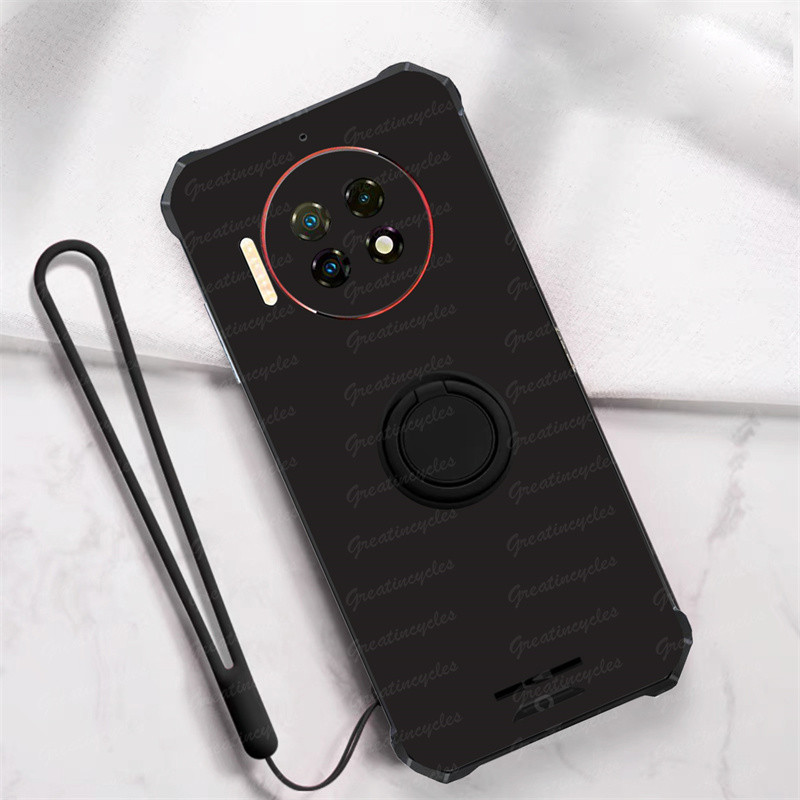 Oukitel WP19 Pro กรณี Soft TPU โลหะสีดําที่วางโทรศัพท์แม่เหล็กฝาครอบป้องกันสายรัดข้อมือซิลิโคน Lanyard Anti-lost สลิงข้อมือเชือกสั้น