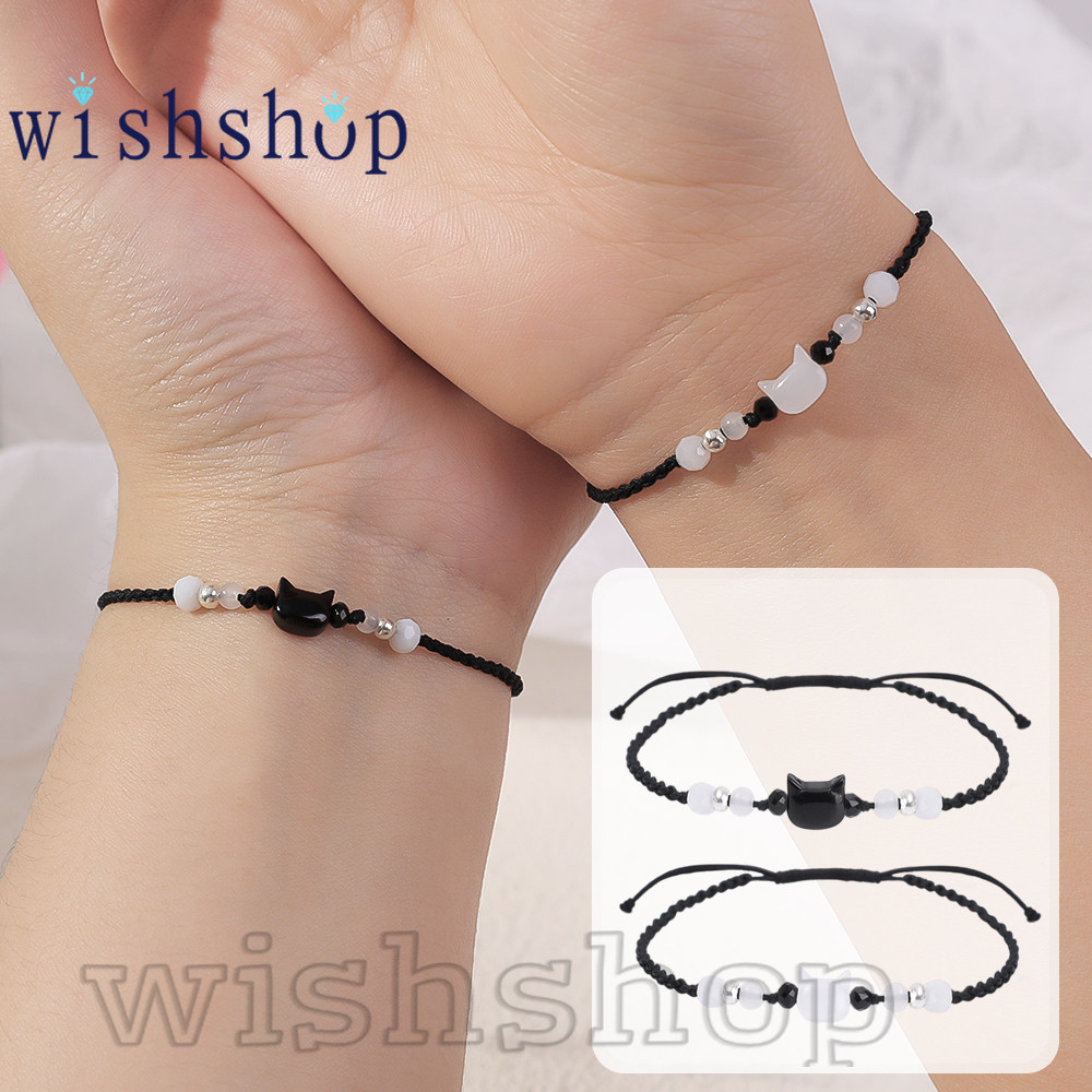 สร้อยข้อมือถักแมว 2 ชิ้น - ของขวัญวันวาเลนไทน์ - โซ่มือแมวสีดําสีขาว - การ์ตูน, น่ารัก - ปรับได้, มูนสโตน ออบซิเดียน - เครื่องประดับ - เชือกมือคู