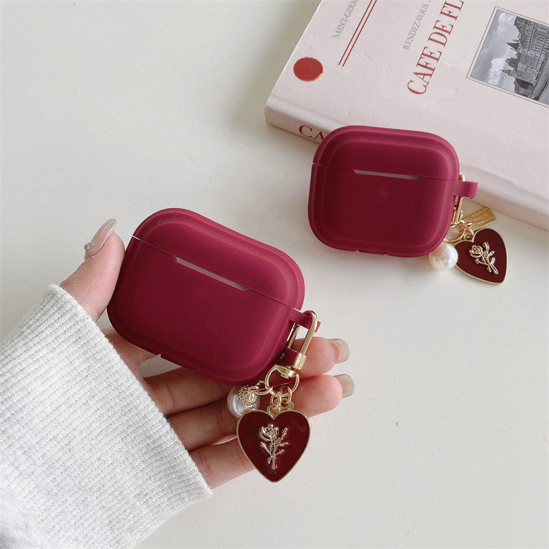 Rose red + จี้เหมาะสําหรับ Airpods1/2 3 Pro Pro2 Airpods4 ชุดหูฟังไร้สายบลูทูธป้องกันกรณี Air Pods Pro 3 4 หูฟังป้องกันกรณี