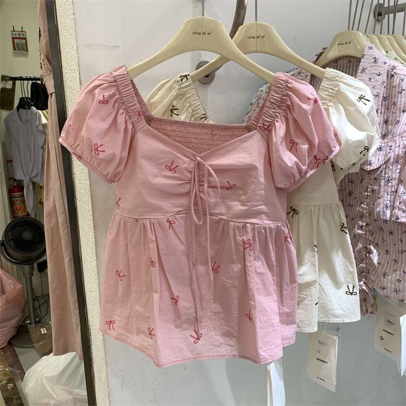 เสื้อสวมหัวแขนสั้นพิมพ์ดอกไม้ ทรงหลวม คอเหลี่ยม แขนพัฟ ใส่สบายทุกโอกาส ฤดูร้อน