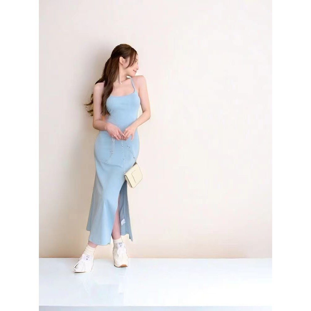 LINDEE ชุดเดรสสายเดี่ยวสำหรับผู้หญิงกระโปรงผ่าข้างทรงสลิมสีฟ้าฤดูร้อนกระโปรงยาวแขนกุดสะโพกสำหรับสาวฮอต A148