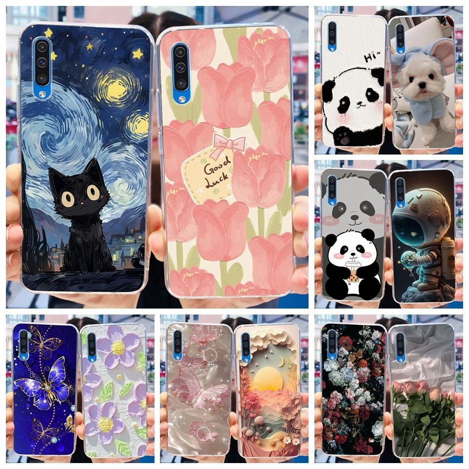 สําหรับ Samsung Galaxy A50 A50S A30S A30 น ่ ารักแมวแพนด ้ าดอกไม ้ ทาสีซิลิโคน TPU เคสโทรศัพท ์
