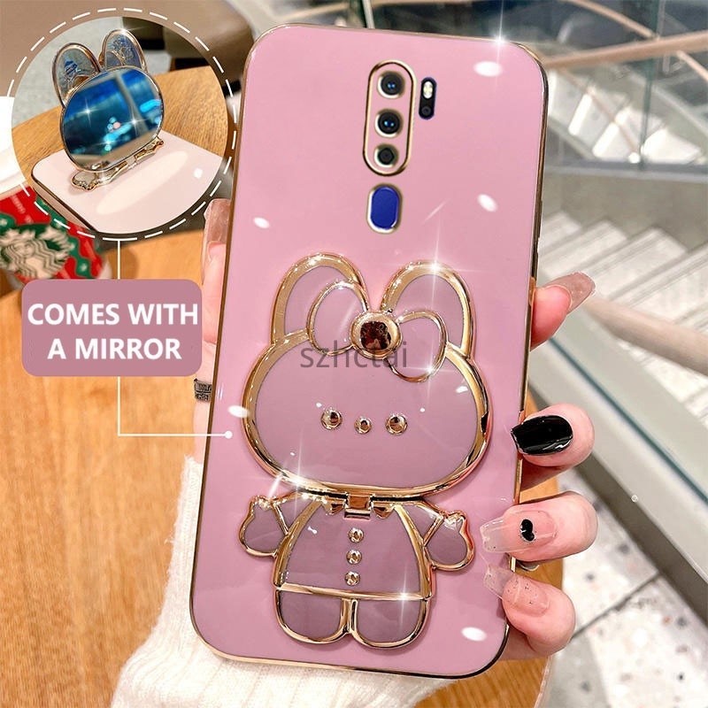 โทรศัพท์มือถือชุบหรู oppo a5 2020 a9 2020 น่ารักรูปกระต่ายกรณีโทรศัพท์กับ 360 องศาหมุนผู้ถือกรณีกับกระจกเครื่องสำอาง เคส oppo a5 2020 a9 2020
