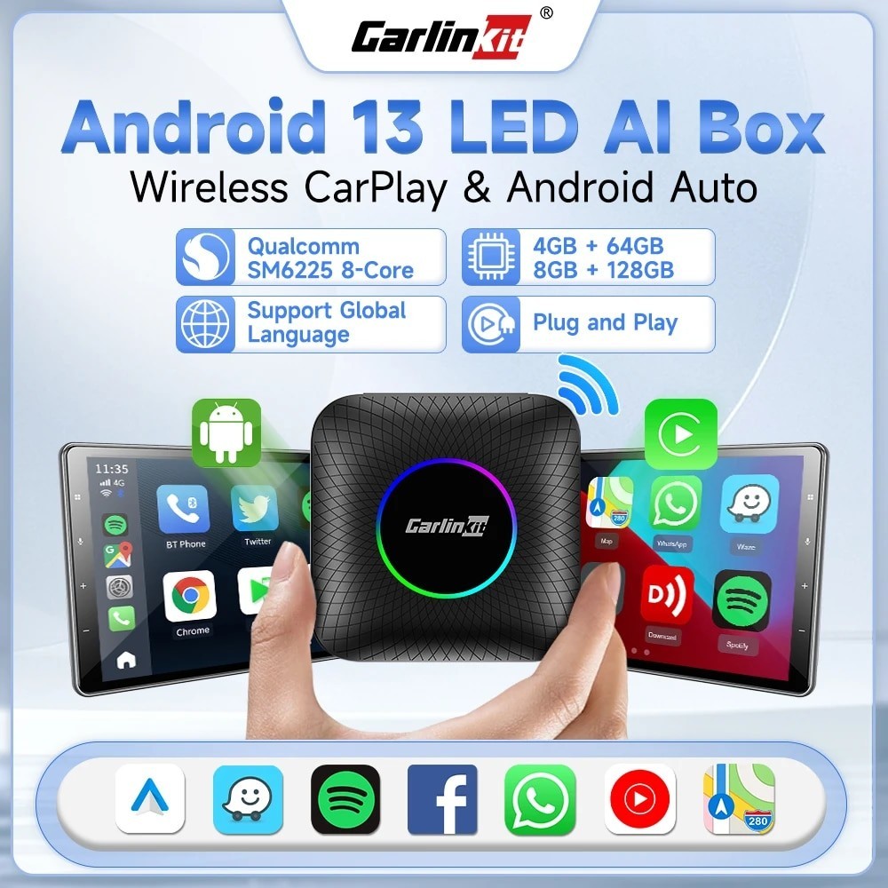 CarlinKitสมาร์ทCarPlay AI Box Android 13 LED 8G + 128G SM6225 8-Core Wireless Carplay Android Auto 4G SIM GPS Netflix Yutube