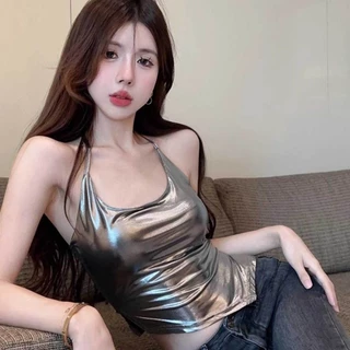พร้อมส่ง เสื้อสีเงินเมทาลิก เซ็กซี่ สายเดี่ยวผูกคอ