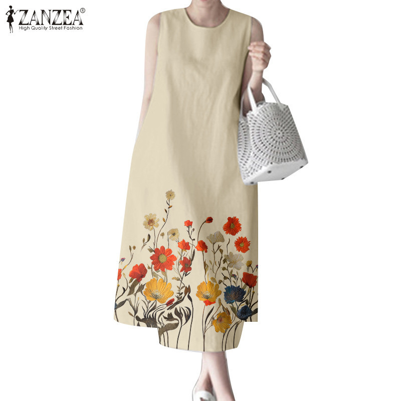 Zanzea ผู ้ หญิงเกาหลีคอกลมแขนกุดพิมพ ์ ลายดอกไม ้ A-Hem Pockets Zip Dress