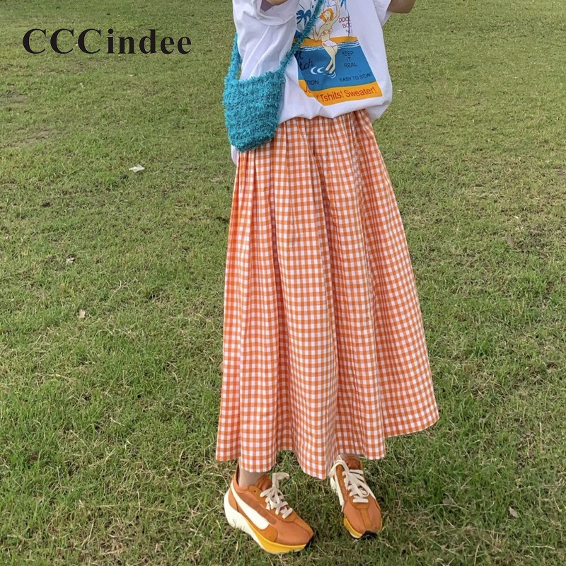 Cccindee ผู ้ หญิง 2024 ใหม ่ แฟชั ่ นลายสก ๊ อตเอวสูงตรงบางสบายๆทุกการแข ่ งขันกระโปรงหวาน