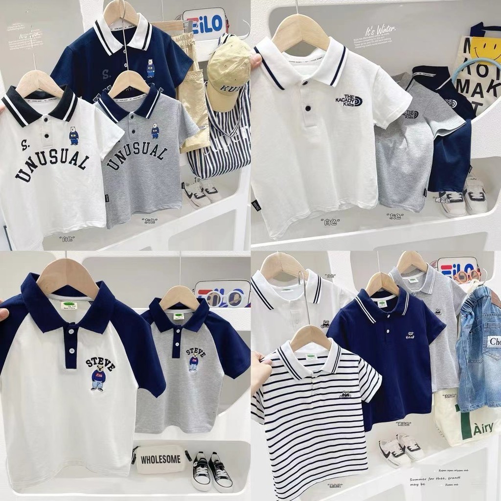ฤดูร้อนสไตล์ใหม่ชายเสื้อโปโลแขนสั้นขนาดกลางเด็กใหญ่ตัวอักษรหมีlapelเสื้อยืดเด็กการ์ตูนtop