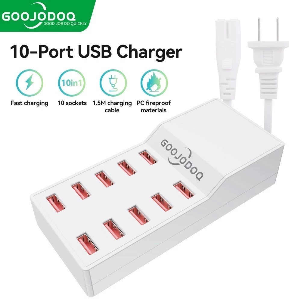 GOOJODOQ สถานีชาร์จ USB 10 พอร์ต 60W Power 1.5M สายเคเบิลปลอดภัยอเนกประสงค์บ้าน/สํานักงาน/การเดินทาง