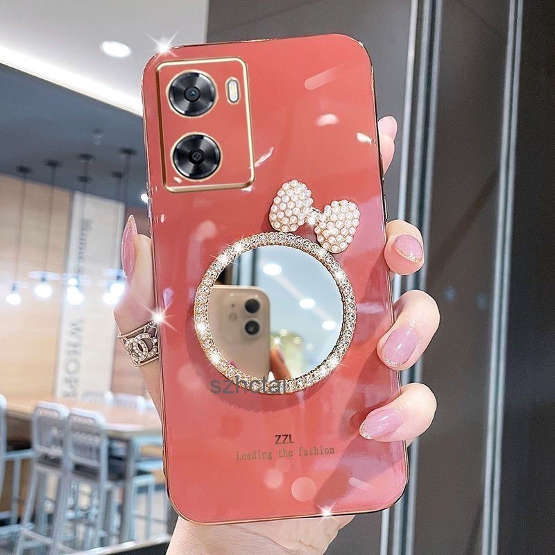 เคส oppo a57 2022 a77 a77s เคสโทรศัพท์ชุบหรูหรา ฝาครอบกรณีเชลล์พร้อมกระจกแต่งหน้าโบว์มุก สำหรับสาวๆ เคสโทรศัพท์ oppo a57 2022 a77 a77s