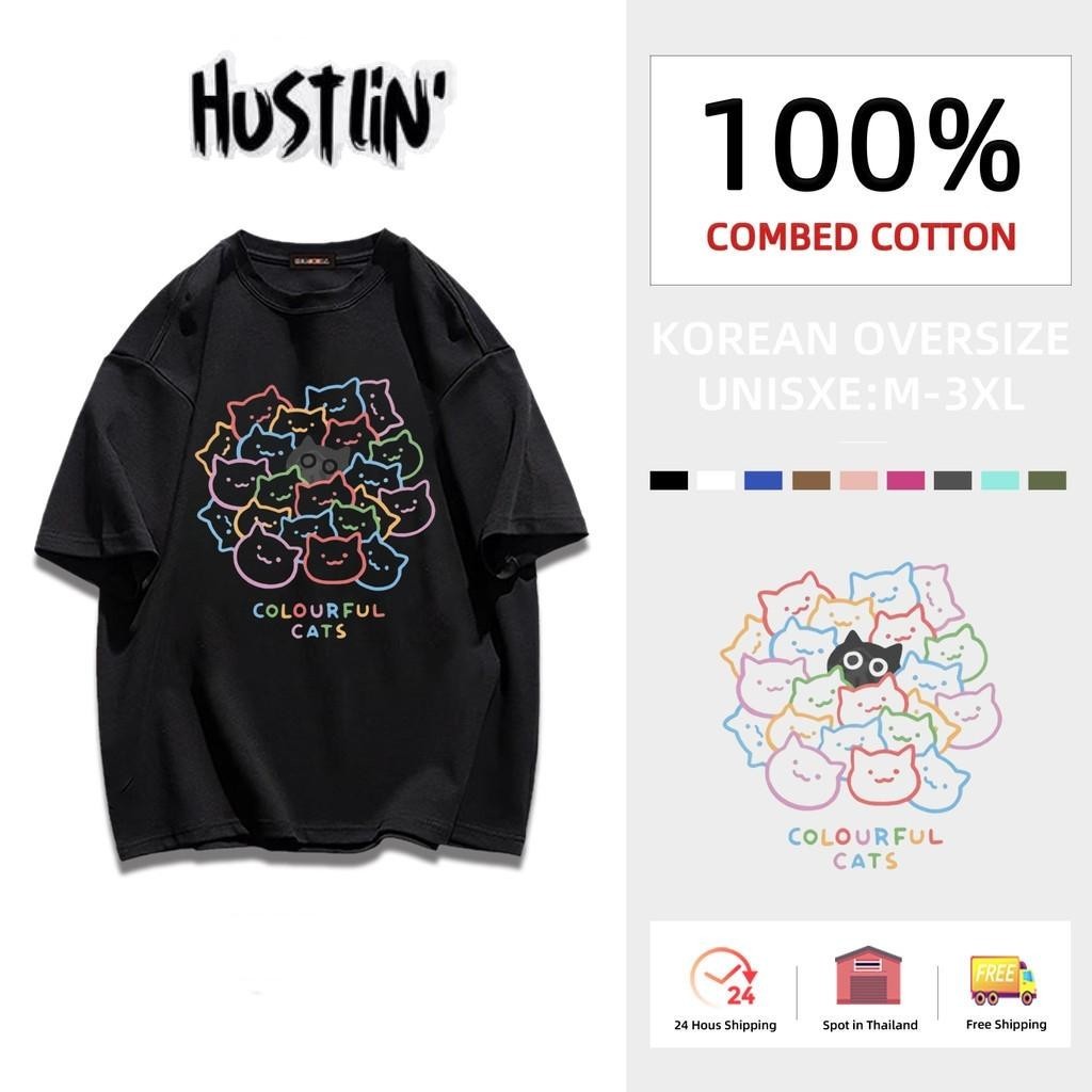 (พร้อมส่ง)oversize เสื้อยืด เสื้อแขนสั้นคอกลม สื้อยืด หัวแมวหลากสี สไตล์เกาหลี สไตล์เกาหลี เสื้อยืดทรงหลวม ผ้าCOTTON100%