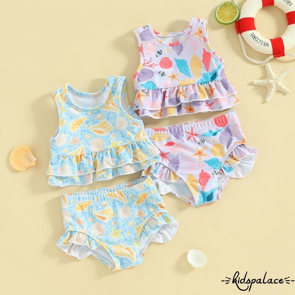 BbQ-Toddler เด็กผู้หญิงฤดูร้อนบิกินี่ 2 ชิ้นชุดปลาดาวพิมพ์แขนกุดรอบคอ Ruffled Tank Tops พร้อมกางเกงขาสั้นชุดว่ายน้ํา