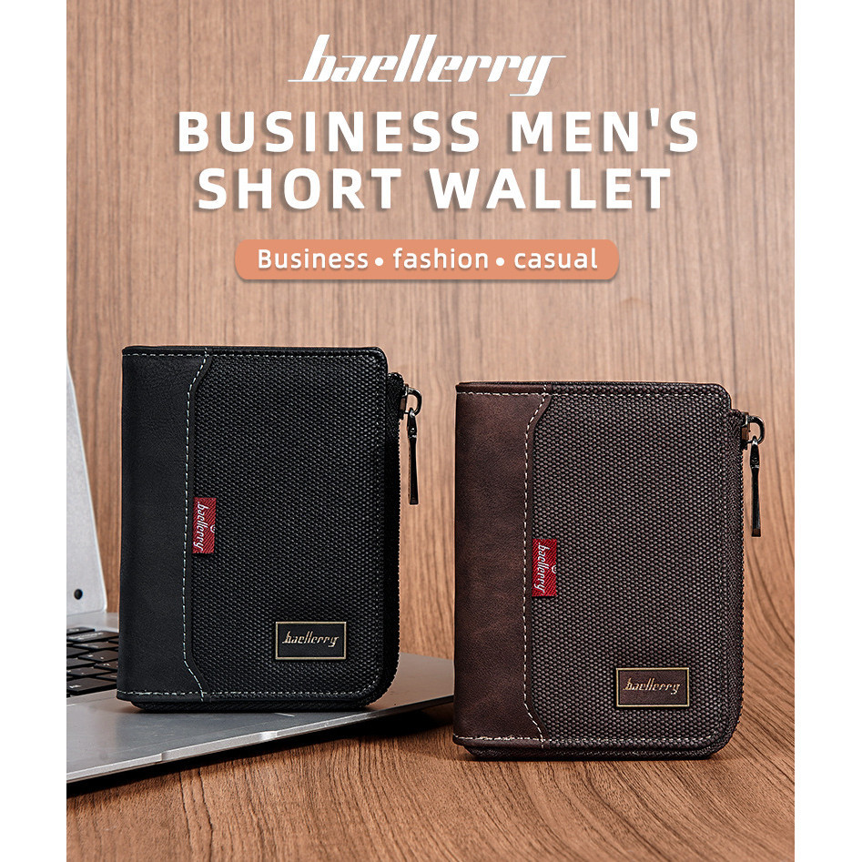 Baellerry ธุรกิจซิปเรียบง่ายกระเป๋าใส่เหรียญป้องกันแม่เหล็กกระเป๋าสตางค์หลายบัตรใหม่ผ้าใบหนังผู้ชายกระเป๋าสตางค์สั้น