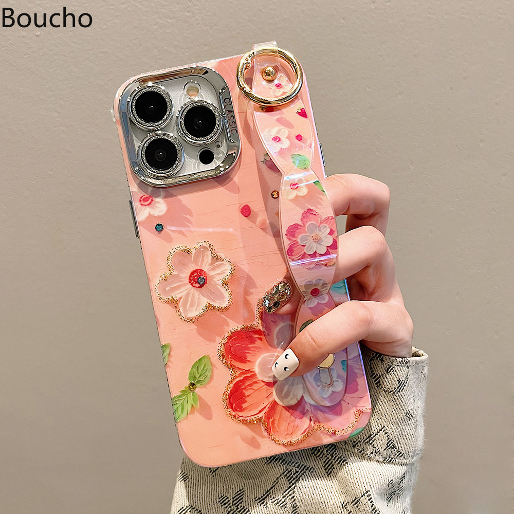 ที่วางสายรัดข้อมือเคสโทรศัพท์สําหรับ iphone 16 Pro Max 15 14 Plus 13 12 11 Pro Max 15plus 12pro ซิลิโคนอ่อนนุ่มสวยงาม ฝาครอบลายดอกไม้พร้อมเลนส์แฟลชเจาะฟิล์มป้องกัน