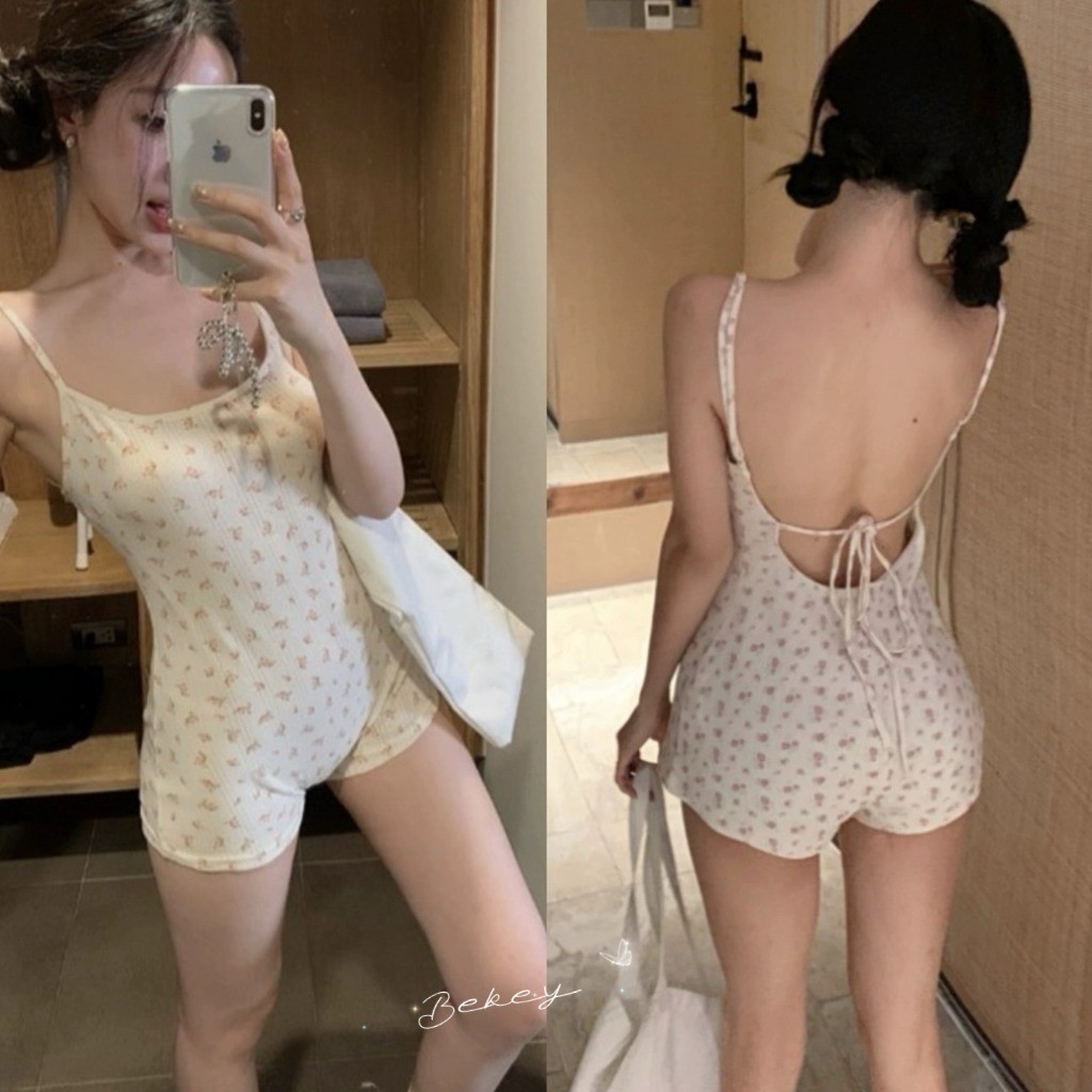 (พร้อมส่งจากกรุงเทพ ) ชุดจั๊มสูท สายคล้องคอ ลายดอกไม้ สําหรับผู้หญิง สไตล์สั้น แขนกุด กางเกงรัดรูปลายดอกไม้ Z250