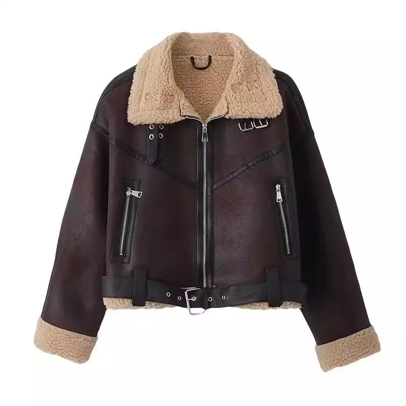 ผู ้ หญิงแฟชั ่ นวินเทจสบายๆหลวมเสื ้ อสั ้ นAutumn/Winter Flip COLLARซิปโคมไฟแขนหนาประดิษฐ ์ Fur Coat
