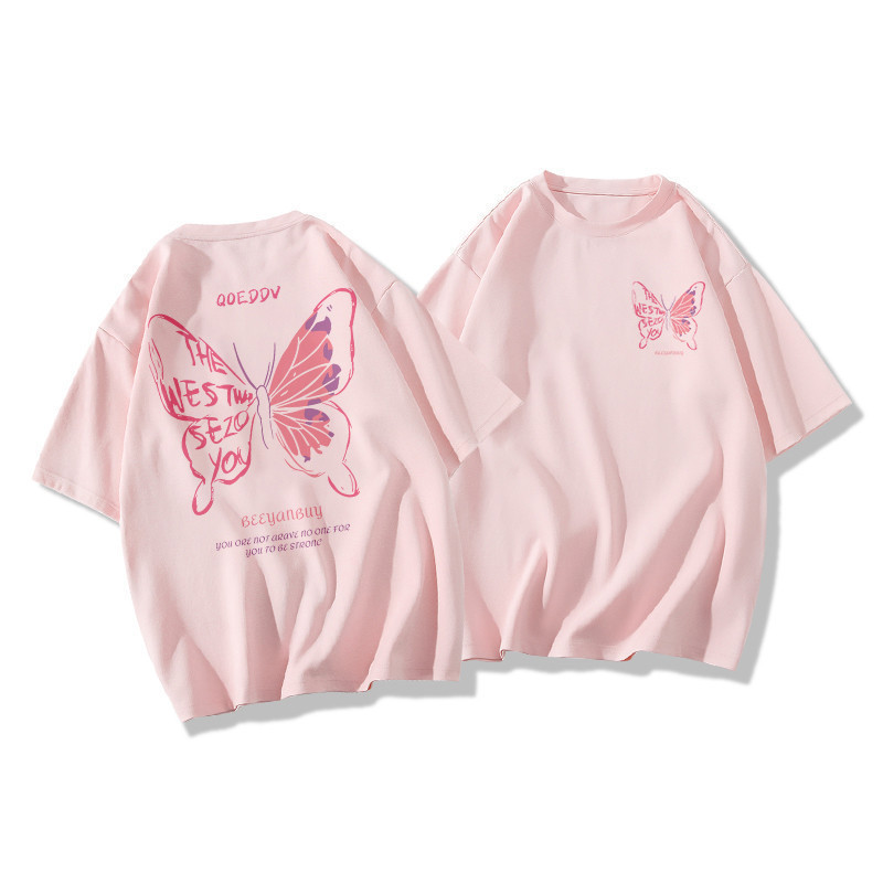 COD✅ (จัดส่งในกรุงเทพฯ) MAO Shop T-shirt,ผีเสื้อสีชมพูสวยพิมพ์เสื้อยืดแขนสั้นหลวม เสื้อ oversize - รูปที่ 3