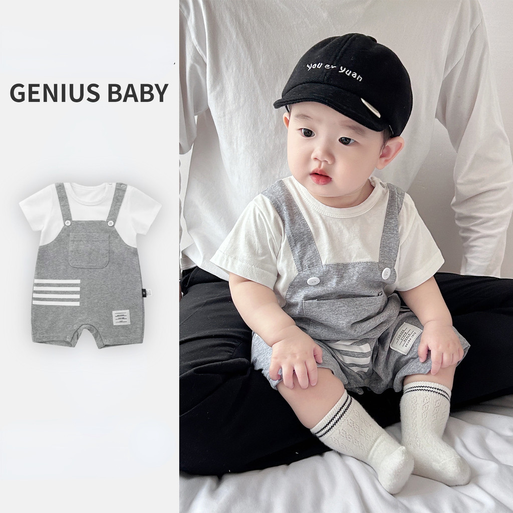 ฤดูร้อนใหม่เสื้อผ้าเด็กชายหญิงแขนสั้น ชุดรอมเปอร์ บอดี้สูท 0-24 เดือนทารกแรกเกิดผ้าฝ้ายแท้สไตล์อังกฤษสีเทาบางบอดี้สูท