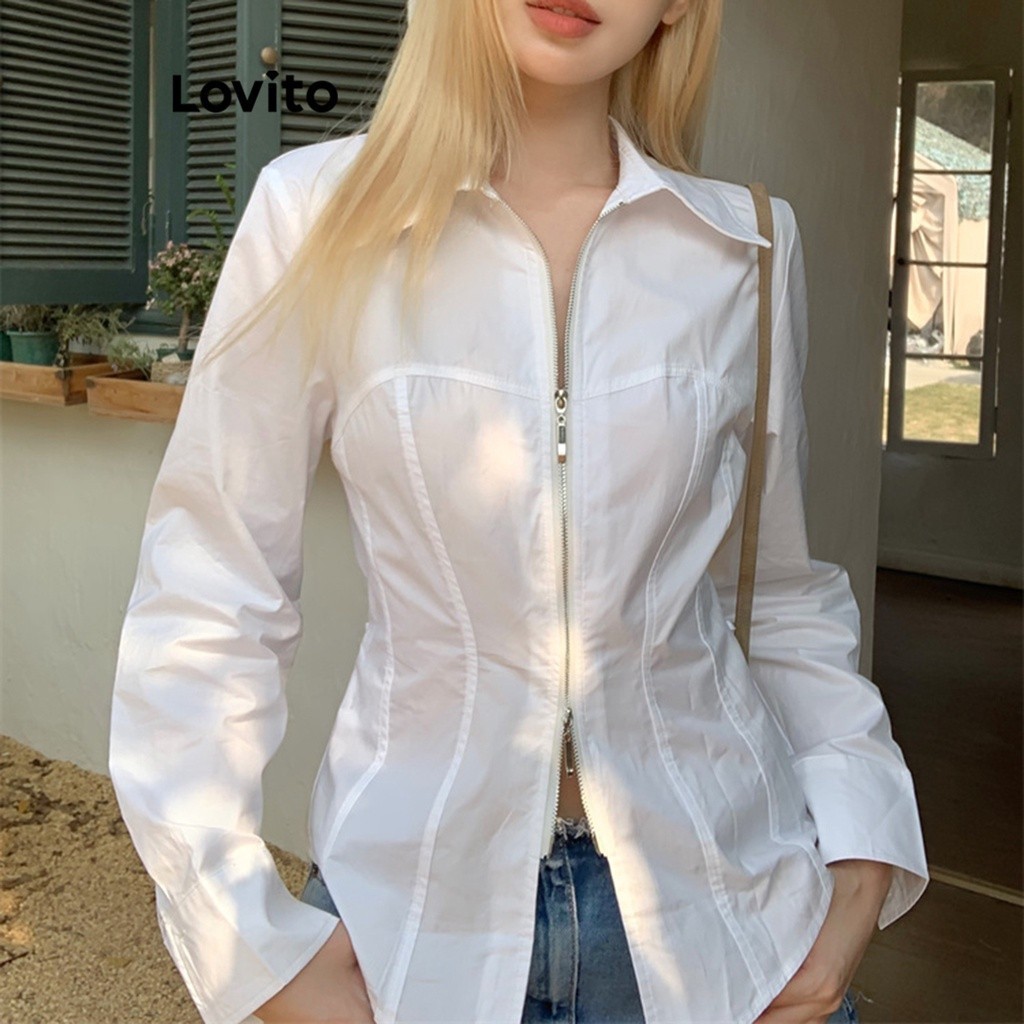 Lovito เสื้อเบลาส์ผู้หญิงแต่งซิป มีโครง สีพื้น สไตล์ลำลอง LNE27293 (สีขาว)