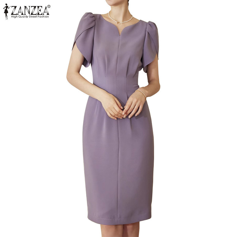 ZANZEA ซานเซีย ผู้หญิงเกาหลีลําลองแขนสั้นคอวีสีพื้นชุดยาวถึงเข่า