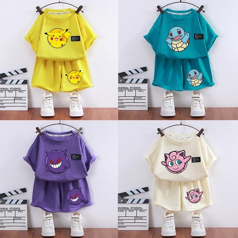 ใหม่โปเกมอนการ์ตูนอะนิเมะ ปิกาจู เสื้อยืด, กางเกง, ผ้าวาฟเฟิลใส่สบายพิมพ์ลาย, ชุดกีฬาเด็กชายและเด็กหญิงบาง