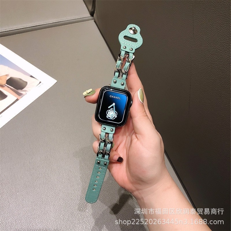 เหมาะสําหรับ iwatch7 สาย Apple Watch applewatch6/5/4/3/2 รุ่นหนังโซ่โลหะสายรัดข้อมือแฟชั่น