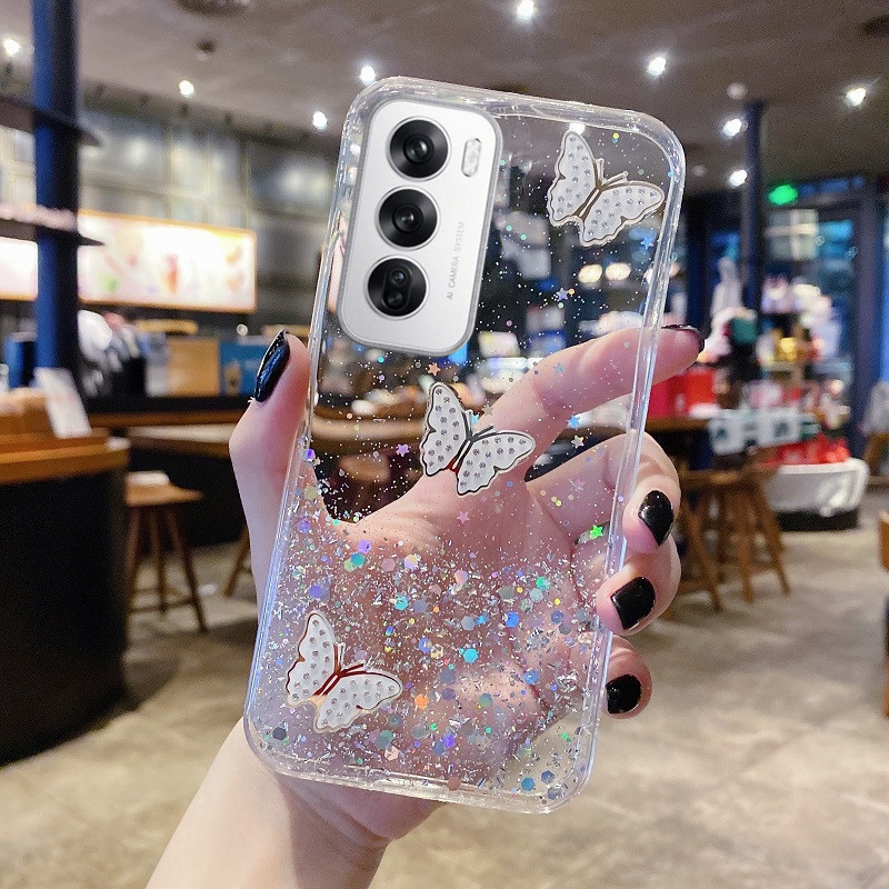 พร้อมสต็อกเคสสมาร์ทโฟนสําหรับ OPPO Reno12 Pro Reno 12 12Pro Reno12Pro 5G Global Version Solid Glitter ผีเสื้อหรูหราโปร่งใส Bling ฝาหลังเคสโทรศัพท์