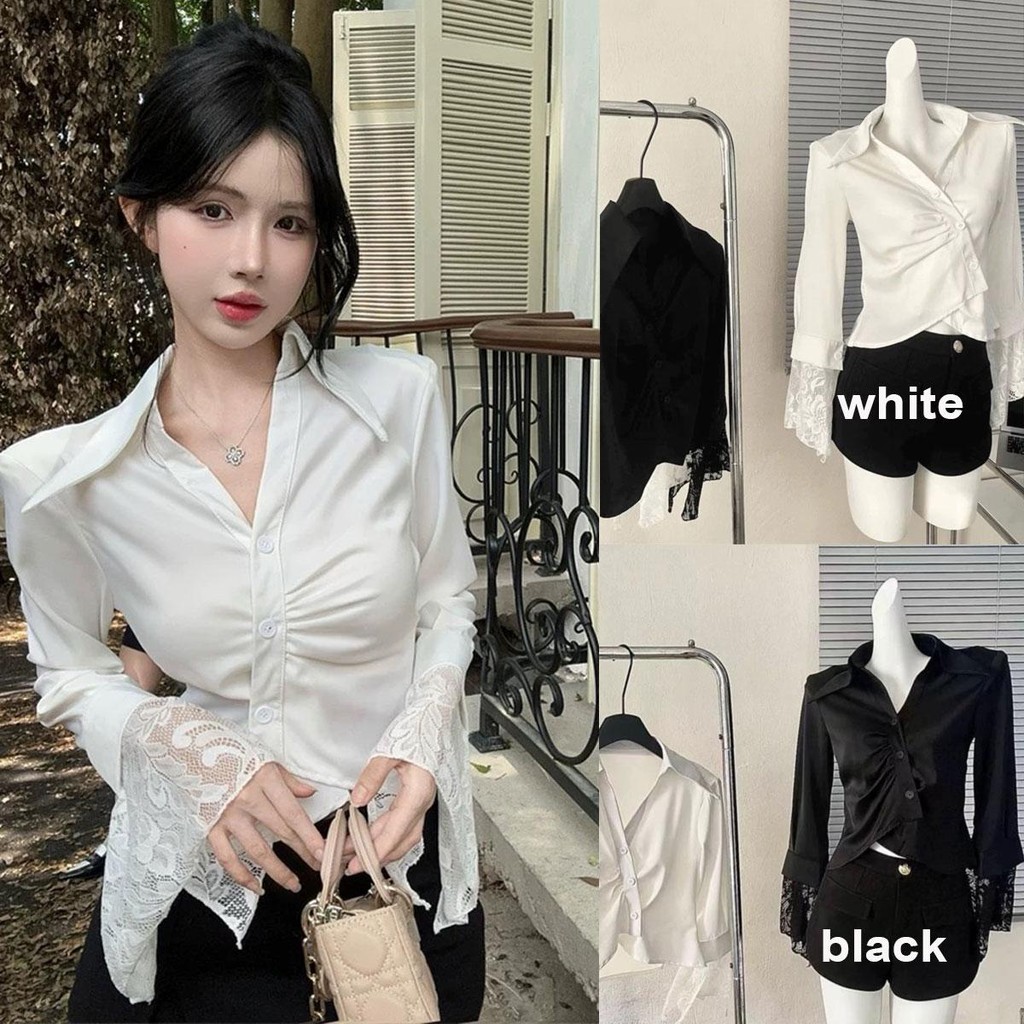 Dahong เสื้อเชิ้ตแขนยาว สีขาว สไตล์เกาหลี สำหรับผู้หญิง คอวี แซมลูกไม้ สไตล์ใหม่ สําหรับผู้หญิง W551
