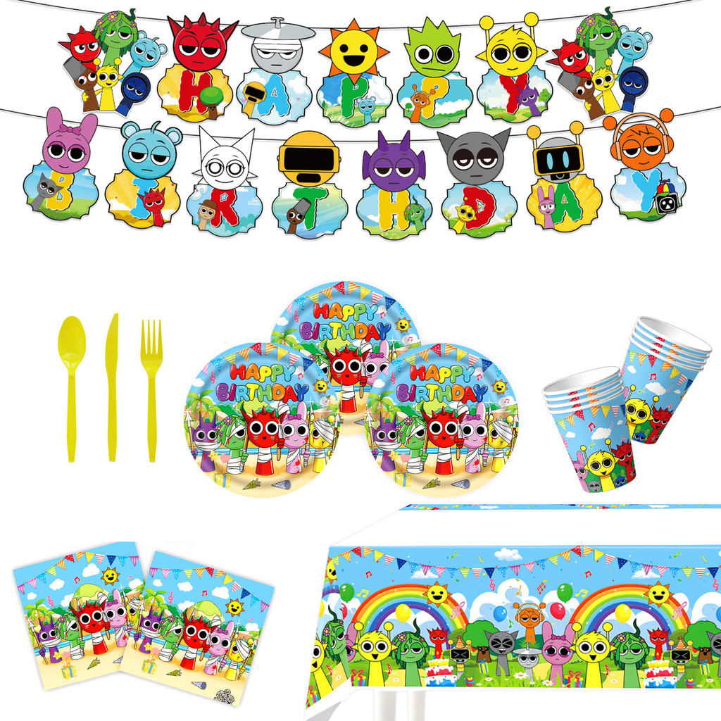 Incredibox Sprunki ธีมวันเกิด Party ถ้วยแผ่นผ้าปูโต๊ะเนื้อเยื่อส้อมช้อนแบนเนอร์ Party Supplies