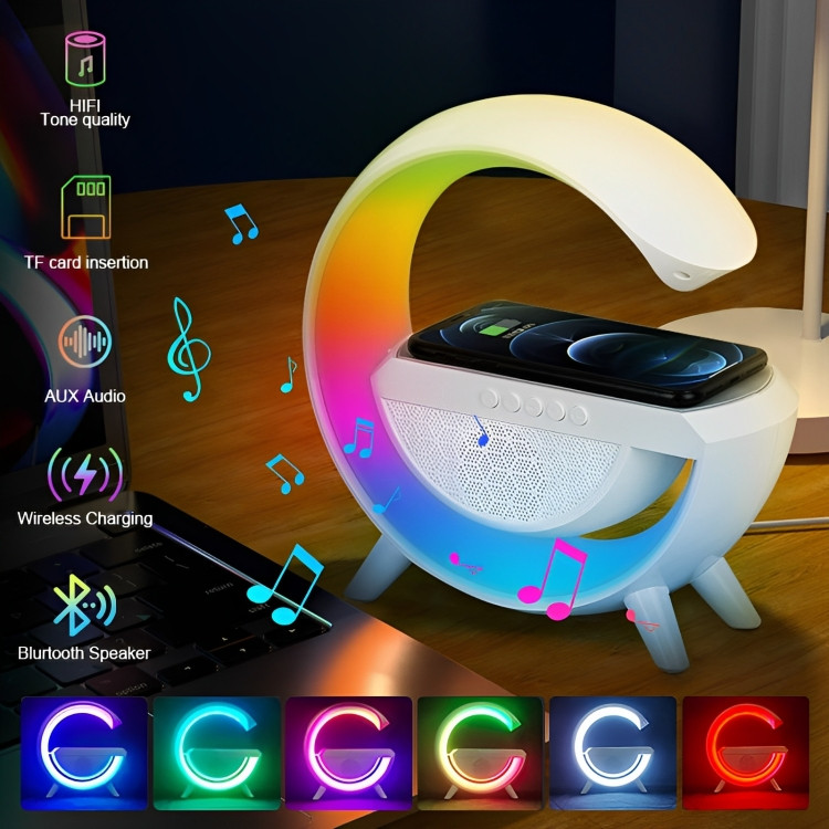 ลําโพงบลูทูธ 4in1 พร้อมโคมไฟ LED และนาฬิกาปลุก RGB ที่ชาร์จแบบไร้สายบรรยากาศ