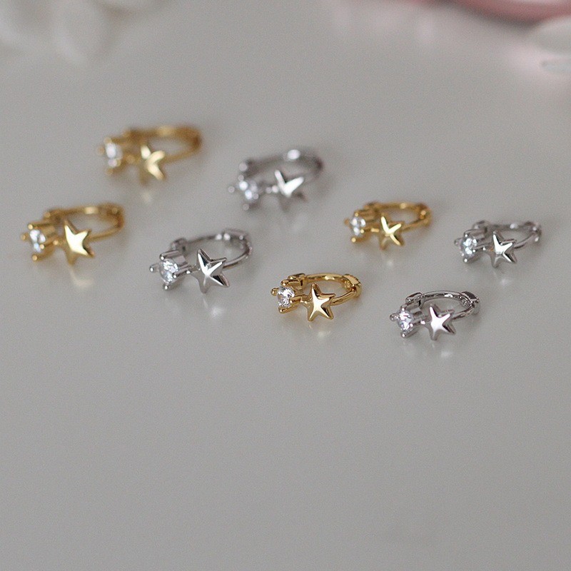 925 Silver Star Ear Buckle ผู้หญิง Mini Zircon Pentagram ต่างหู Rhinestone ต่างหูของขวัญขายส่ง