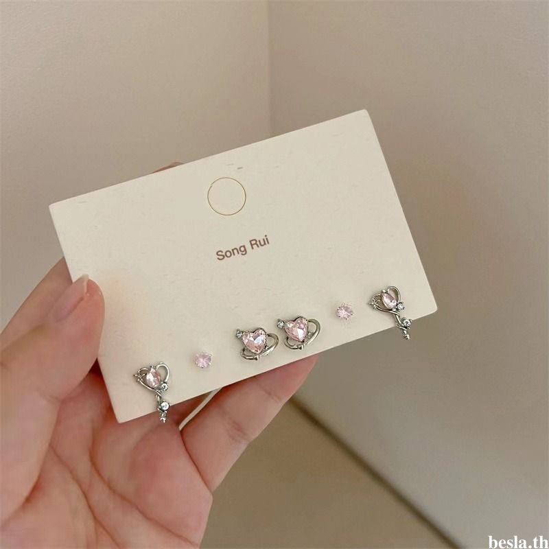 besla.thS925 Silver Stitch Super Flash ต่างหูประณีตชุดต่างหูผู้หญิงต่างหูหัวใจเรียบง่าย