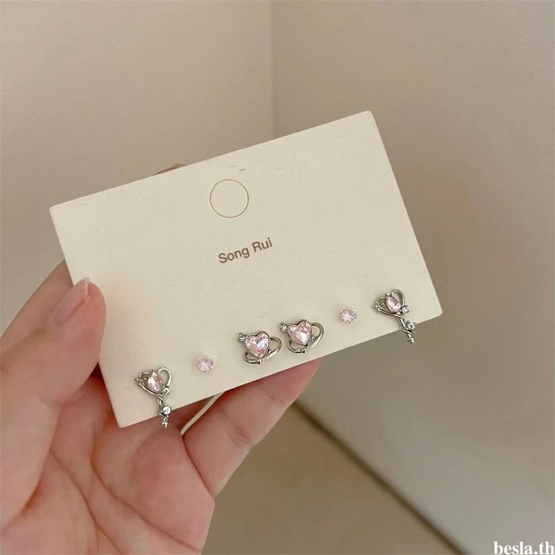 besla.thS925 Silver Stitch Super Flash ต่างหูประณีตชุดต่างหูผู้หญิงต่างหูหัวใจเรียบง่าย