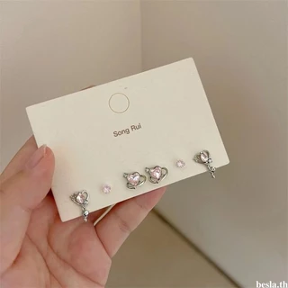 besla.thS925 Silver Stitch Super Flash ต่างหูประณีตชุดต่างหูผู้หญิงต่างหูหัวใจเรียบง่าย