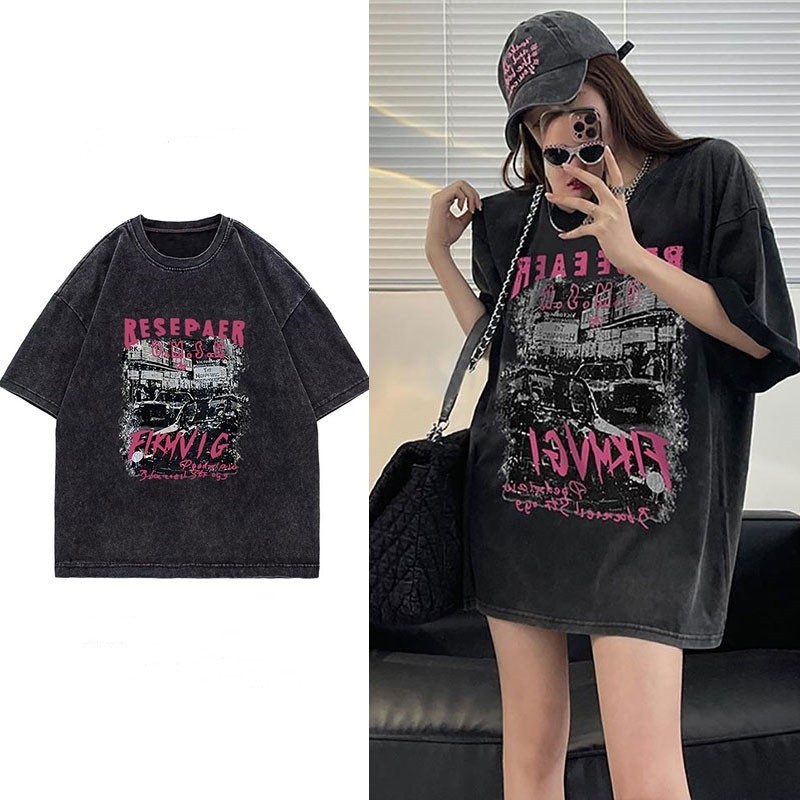 เสื้อยืดฟอกเฟดเทาวินเทจแบบเท่ๆ oversize ผ้าคอตตอน100% เสื้อโอเวอร์ไซซ์ผู้หญิงแฟชั่นมาใหม่ ไตล์เกาหลีฮิปฮอป เรโทร 3XL