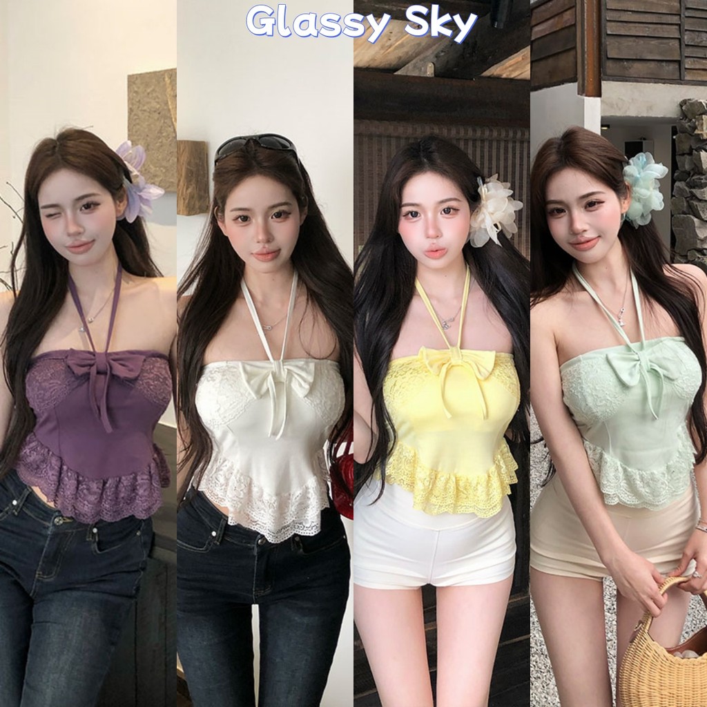 Glassy Sky💖พร้อมส่ง💖 เสื้อเกาะอก สีพาสเทล มีฟองน้ำ แต่งสายคล้องคอเพิ่มน่ารัก น่ารักคาวาอี้ เซ็กซี่ ใส่สบาย (FY1847)
