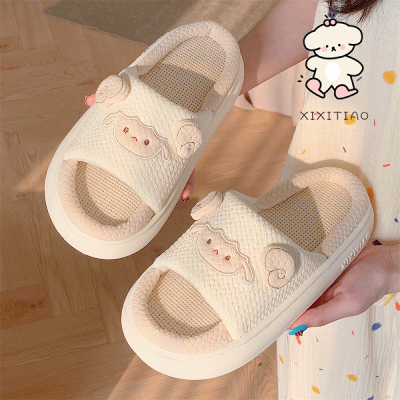 Xitiao รองเท้าแตะผ้าลินินสาว Four Seasons Universal สนุก Influencer Lamb ญี่ปุ่น ins Casual Home Soft Sole