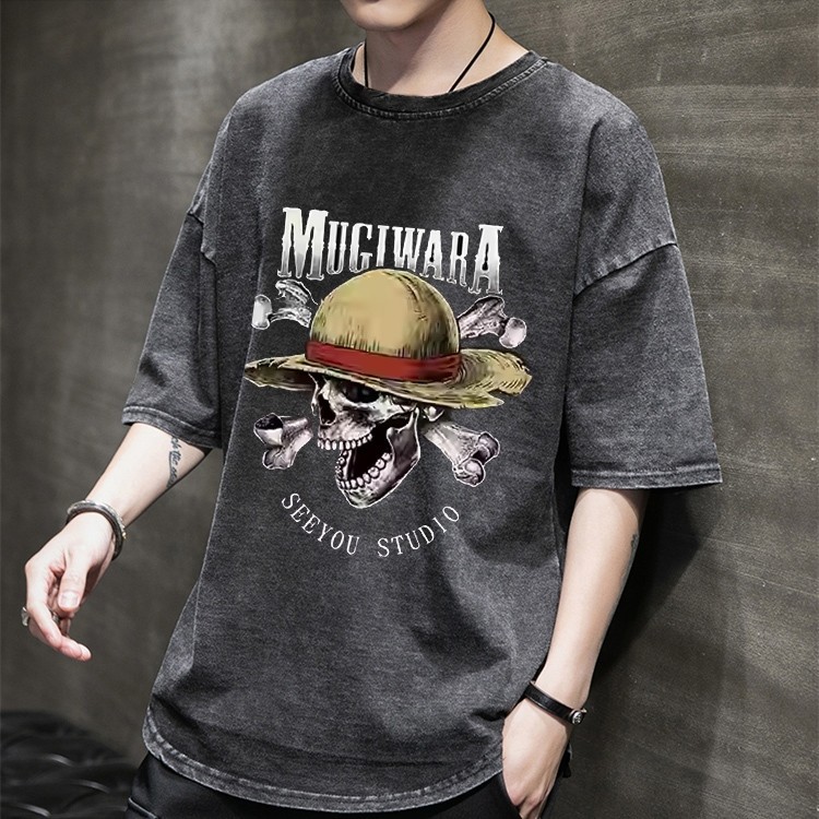 YOU-T✨เสื้อยืดไซส์ใหญ่ ย้อนยุค เสื้อยืดฟอก สวมใส่สบาย “MUGIWARA” ผ้าฝ้าย100% อะนิเมะวันพีซ ไม่หดตัว S-3XL