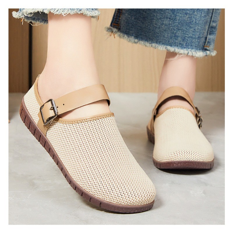 IELGY 2025 ผู้หญิงแอปริคอทสไตล์ฤดูใบไม้ผลิอเนกประสงค์ Retro Soft-soled รองเท้าแตะ Ins รองเท้าแตะลําลองตาข่าย