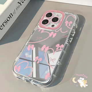 สีแดง โบว์ เคสไอโฟน12 สำหรับ IPhone 15 11 14 12 13 16 Pro Max XR X XS 8Plus 7Plus Max 13 7 8 Plus SE พื้นผิวกระจก