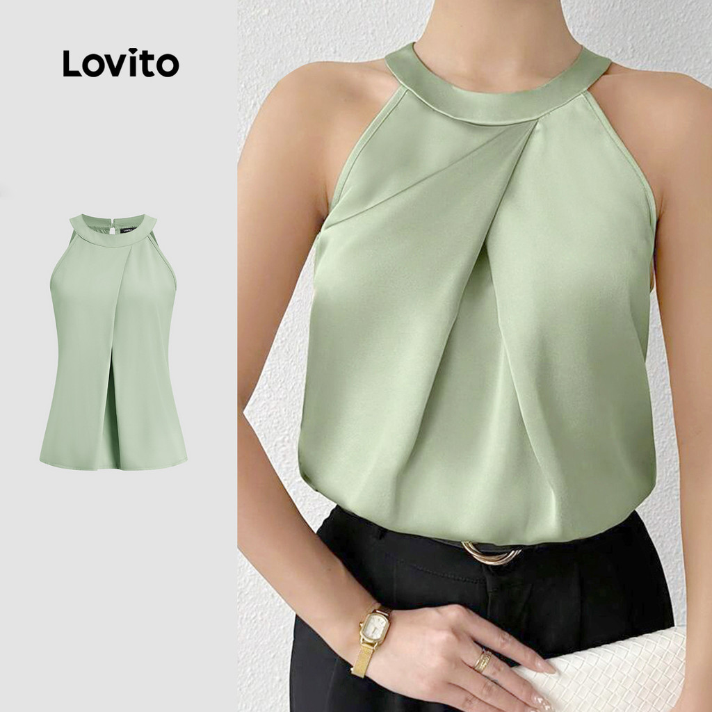 Lovito เสื้อกล้ามจีบเรียบลำลองสำหรับผู้หญิงในช่วงฤดูร้อน L123ED656