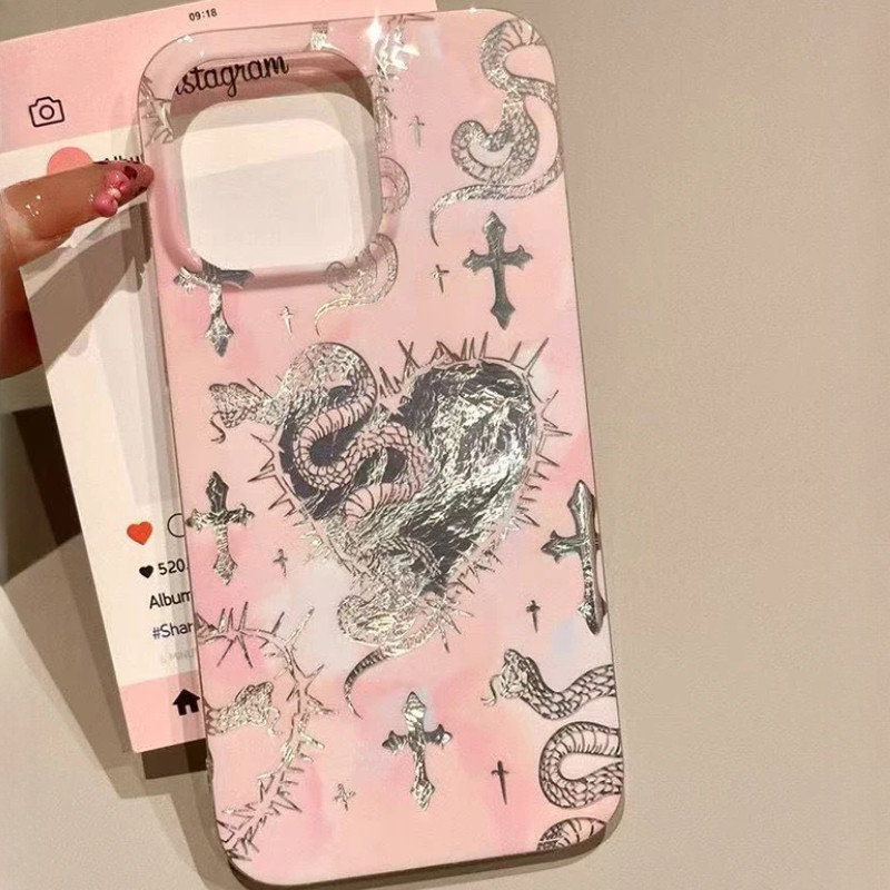 Love Heart Snake VortexรูปแบบGlacierสําหรับiPhone 16 15 14 13 12 11 Pro Max 16E 7 8 Plus XR X XS MaxสีชมพูงูIMD Tinfoilรูปแบบกันกระแทกฮาร์ดปกหลัง