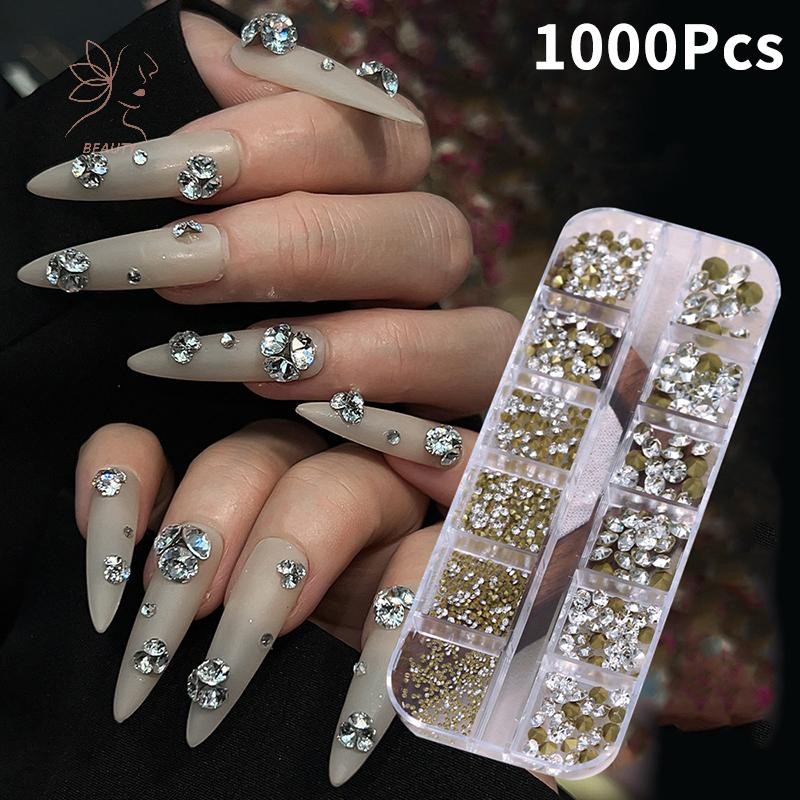 [maybeauty] 12 กริดผสมเล็บ Rhinestones คมด้านล่าง Super Flash เล็บคริสตัลตกแต่งอัญมณีเล็บเคล็ดลับ 3D {TH}