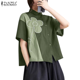 Zanzea เสื้อเชิ้ตแขนสั้นพิมพ์ลายดอกไม้สไตล์เกาหลีสําหรับผู้หญิง
