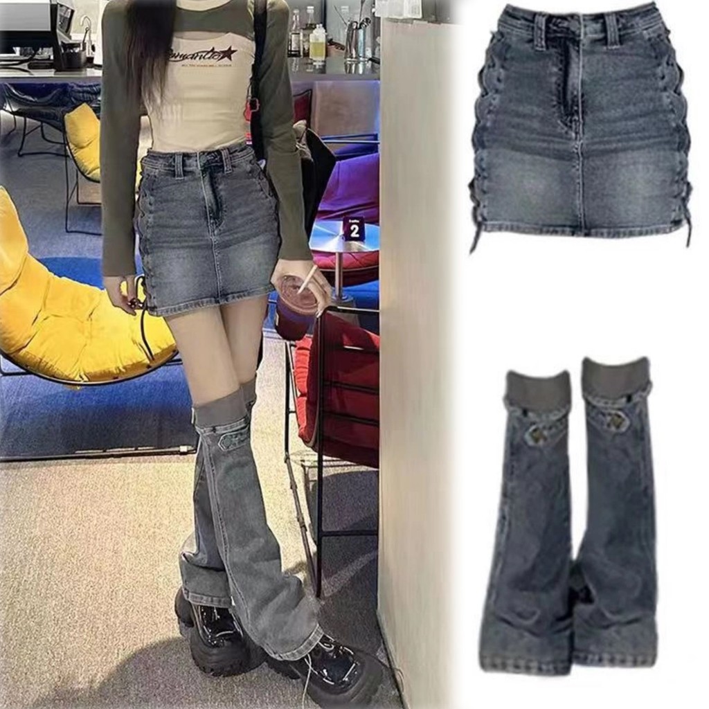 กระโปรงผู้หญิง Retro Denim American Drawstring Y2k Design