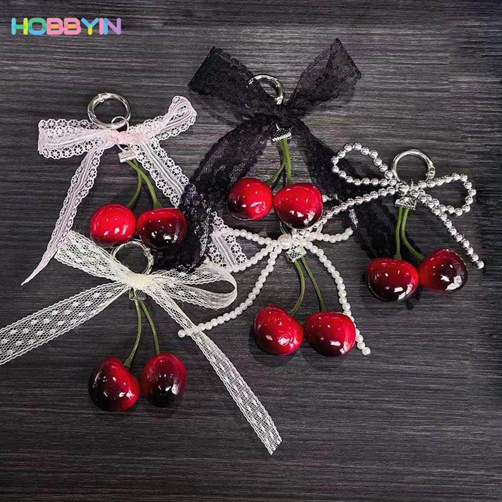 HOBBYIN จี้กระเป๋า โฮบลิน,ลูกไม้โบว์ริบบิ้นกระเป๋าอุปกรณ์เสริมพวงกุญแจ,อินเทรนด์เลียนแบบมุกแขวนเครื่องประดับจี้เชอร์รี่กุญแจรถอุปก