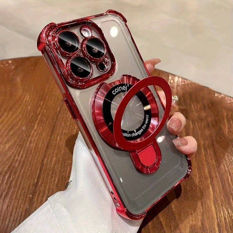 หรูหรา Electroplate Annular วงเล็บแม่เหล็กโปร่งใสเคสโทรศัพท์สําหรับ iPhone16 15 14 13 12 11 Pro Max 15Plus 16Plus ปลอกกันกระแทกฮาร์ดปกหลัง